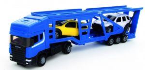 TEAMA - tahač Scania s návěsem na přepravu aut 4.ass  1:48  - modrá  barva