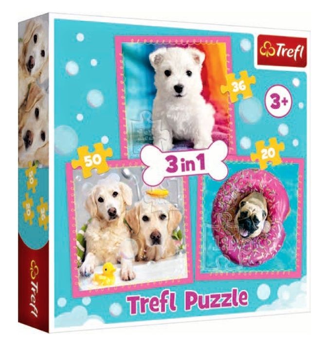 Puzzle Trefl 3v1 - 20, 36 a 50 dílků - Pejsci v koupeli 34845