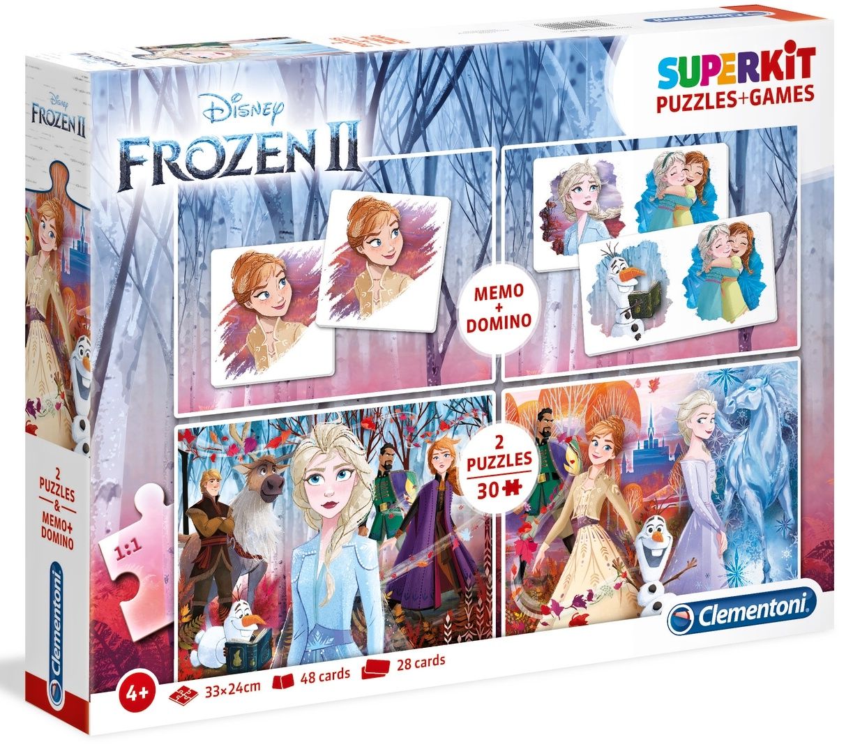 Super Kit - hry Clementoni 4v1 ( 2x puzzle , domino , pexeso ) Frozen II 20241