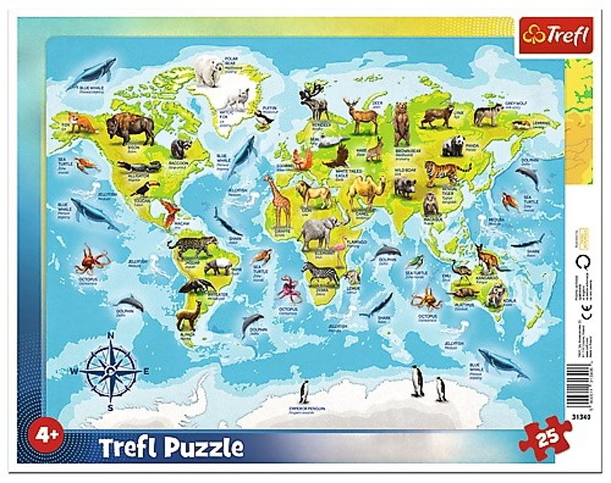 Trefl puzzle rámkové 25 dílků - mapa světa se zvířátky 31340