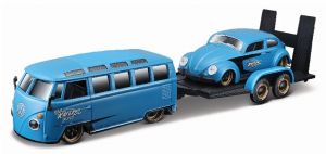 Maisto  1:24 VW Van Samba + VW Beetle na vleku - modrá barva  