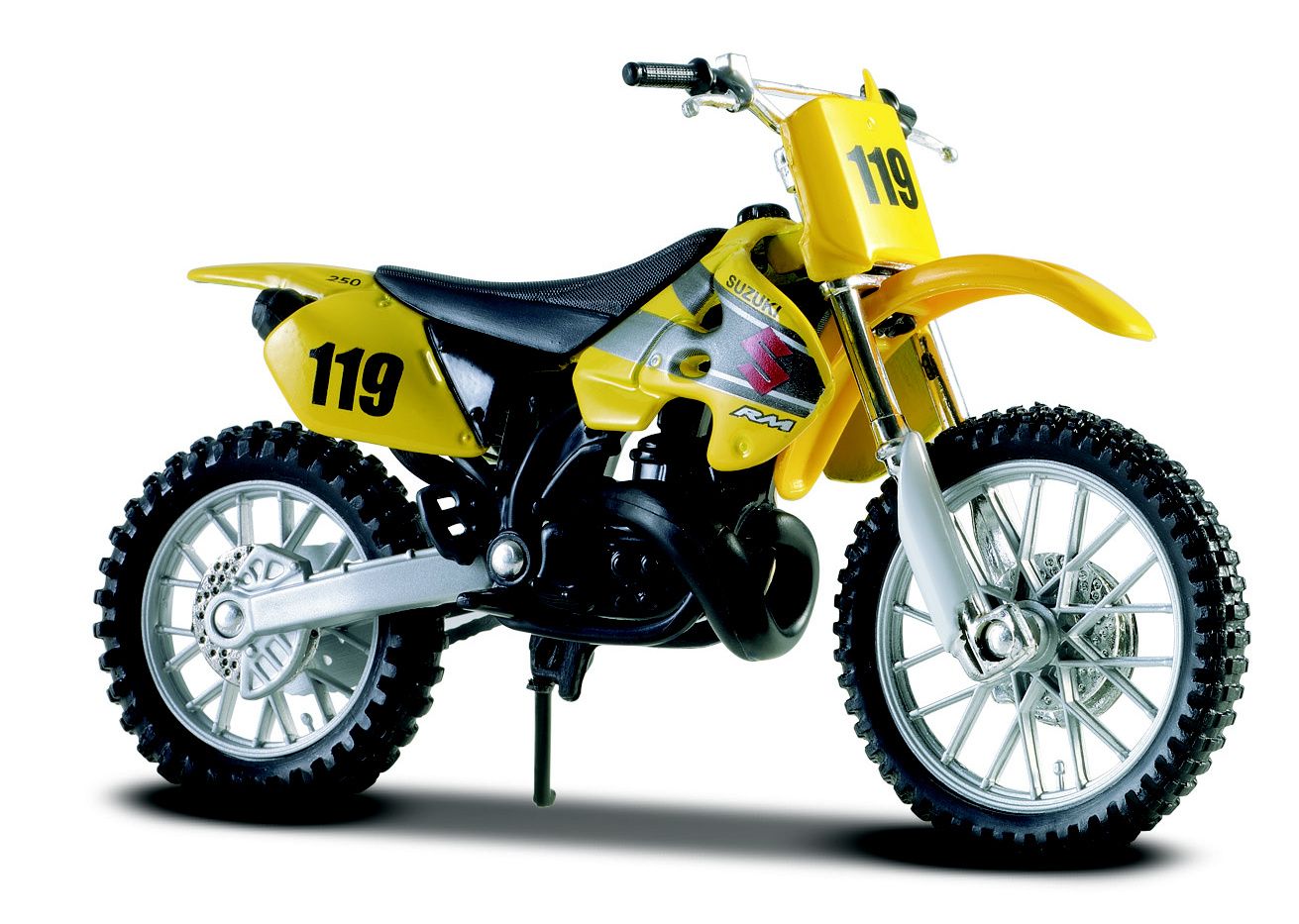 Maisto motorka na stojánku - Suzuki RM250 1:18 žlutá