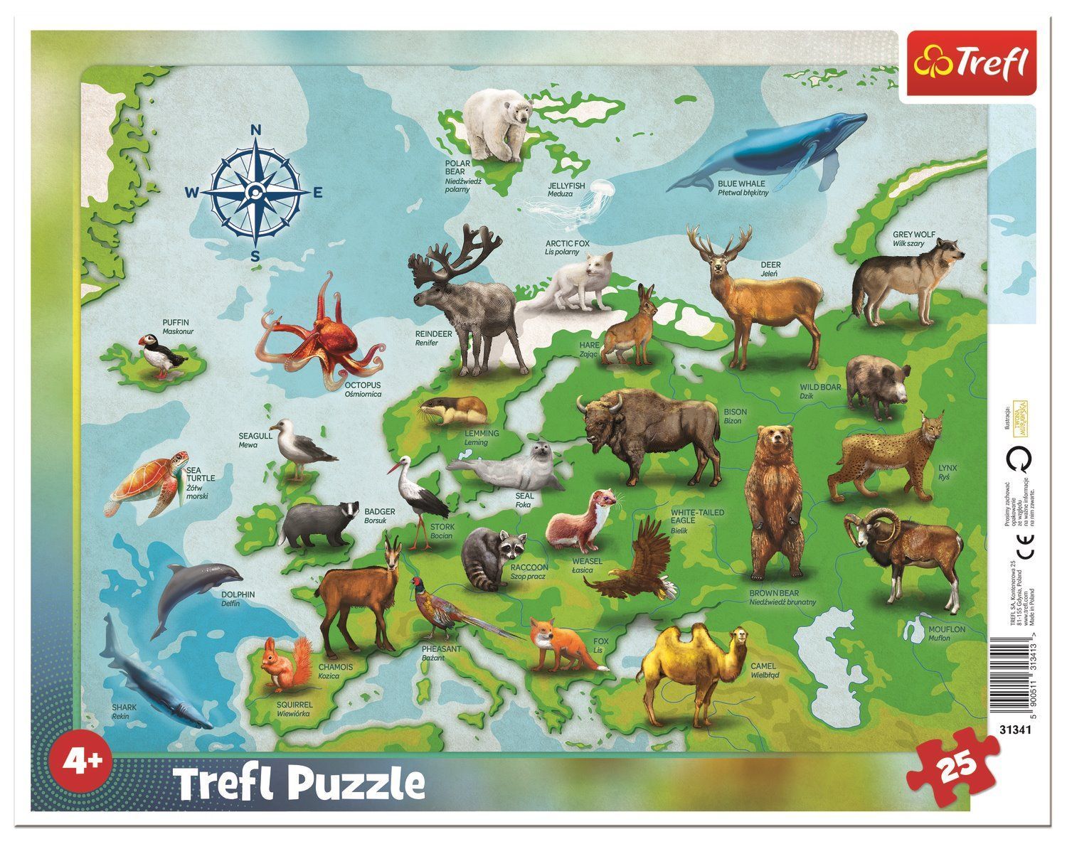 Trefl puzzle rámkové 25 dílků - Zvířecí mapa Evropy 31341