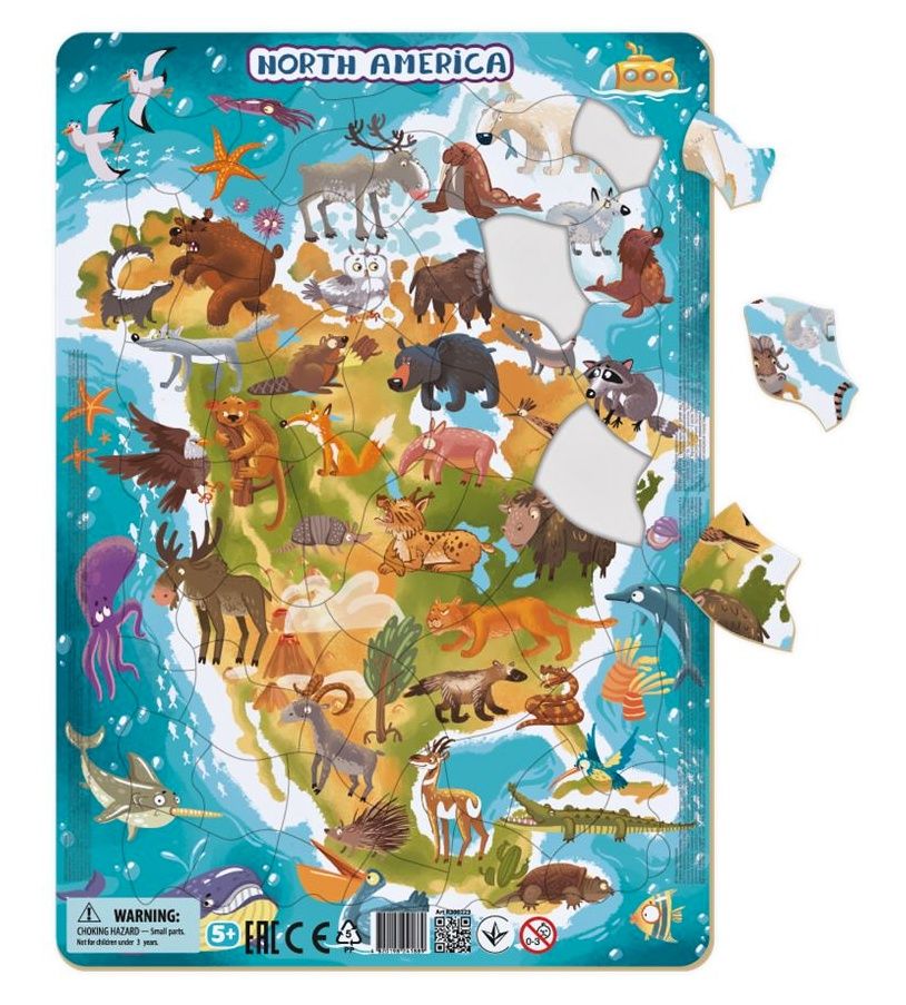 DoDo puzzle - rámkové 53 dílků - Severní Amerika se zvířátky dodotoys