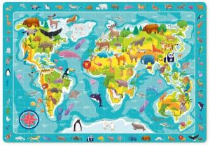 Dodo puzzle 80 dílků s hledáním obrázků - Mapa světa se zvířátky dodotoys