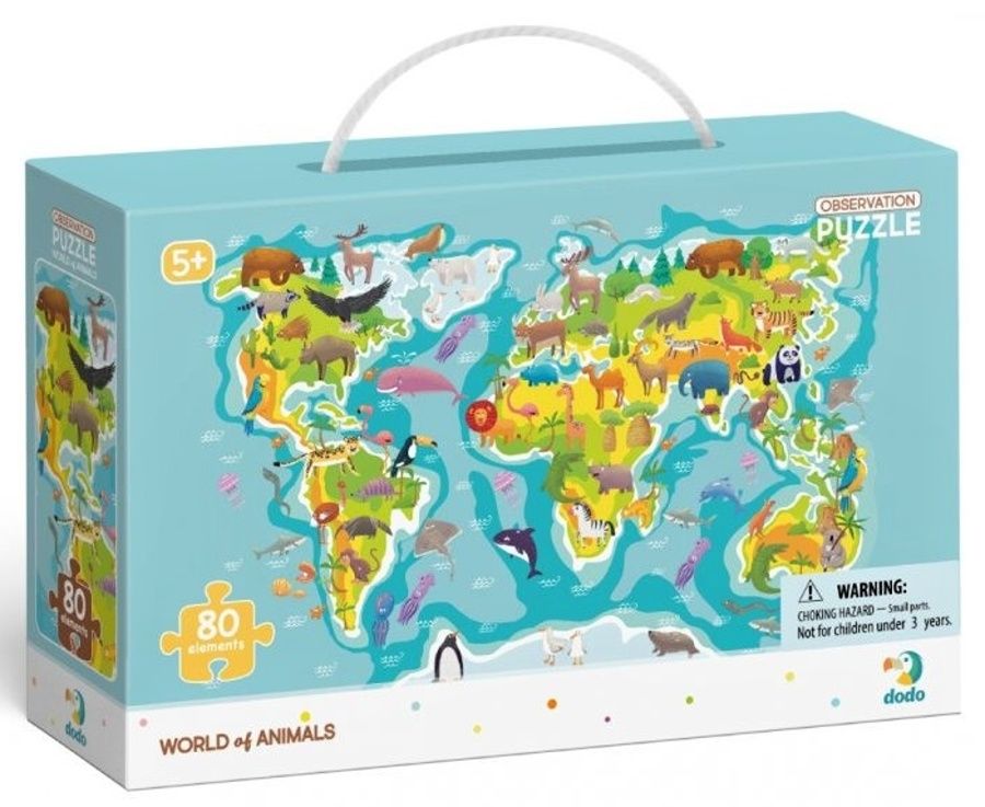 Dodo puzzle 80 dílků s hledáním obrázků - Mapa světa se zvířátky dodotoys
