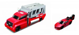 Maisto - přepravník aut  + kovové autíčko  vystřelovací klíčkem - red/red
