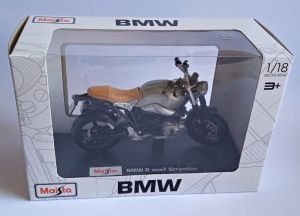 Maisto motorka na stojánku se zn.BMW - BMW R Nine T Sclambler 1:18 stříbrná