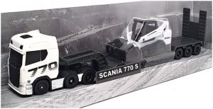 Tahač Scania 770S s návěsem a stavebním strojem Bobcat T590 Compact Maisto